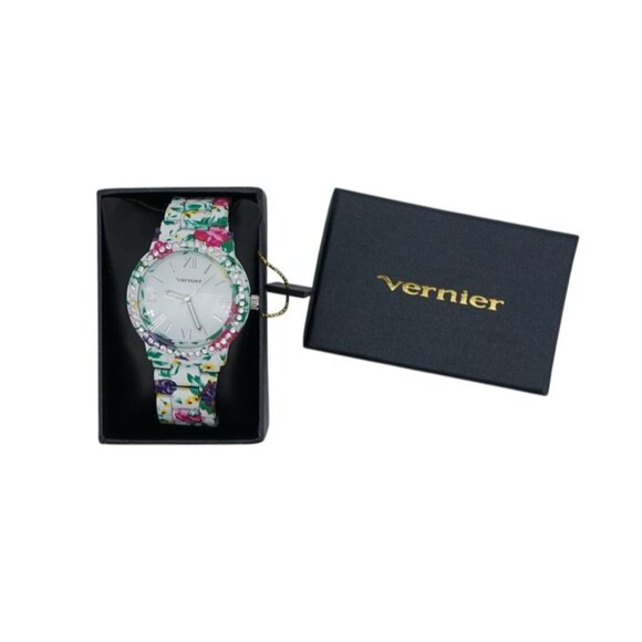 Vernier Floral Ladies Wristwatch White Band Flowers Rhinestones with Box - Picture 2 of 6